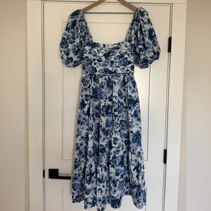 Abercrombie Emerson Poplin Puff Sleeve Midi Dress Blue Floral